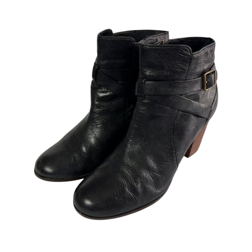 Cole Haan Bootie Women 9.5 B Black Leather Cassidy Side Zip Straps Ankle D41598
